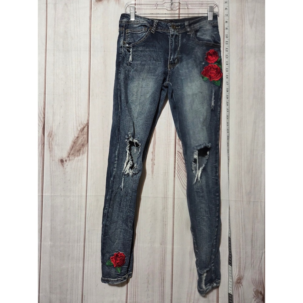 Distressed Ripped Skinny Jeans with Rose Embroidery Junior 13